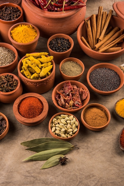 Indian essential spices in terracotta pots arranged over textured background, selective focus