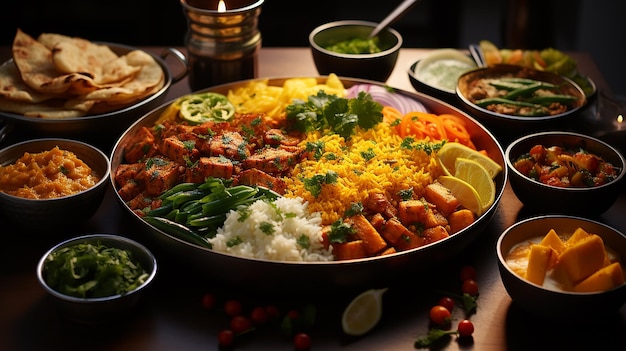 Indian ethnic food buffet on white concrete table from above curry samosa rice biryani dal