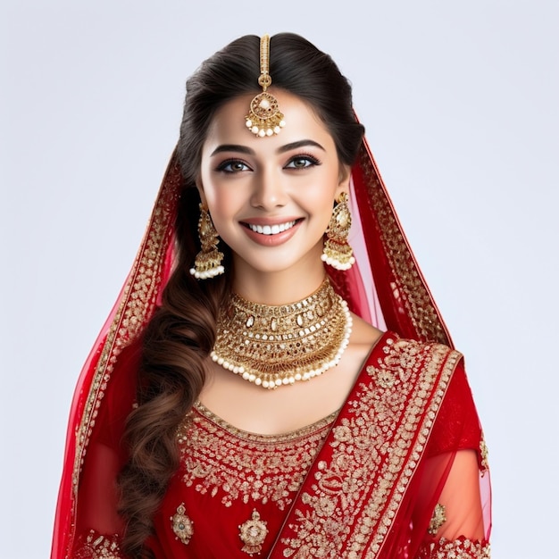 Indian ethnicity wearing traditional red bridal costumes and diamond jewelry