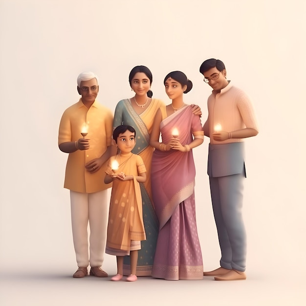 Indian family celebrating diwali festival with lit candles 3D rendering