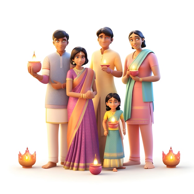 Indian family celebrating diwali with lit candles 3D rendering