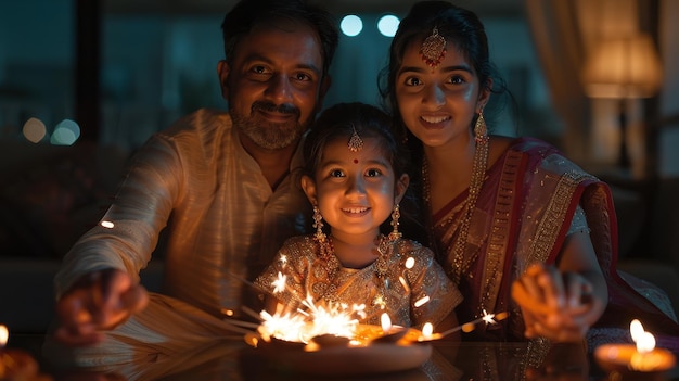 Indian Family Celebrating Diwali With Sparklers and Candles