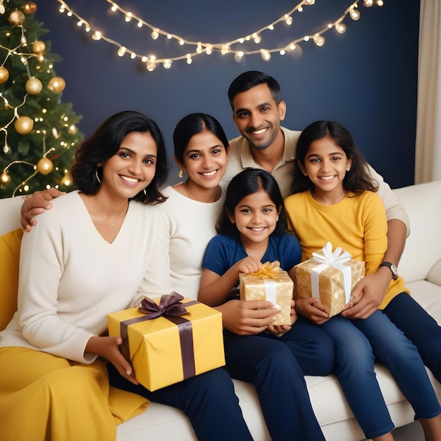 A Indian family Celebration festival with gifting range with lighting background sit down on sofa