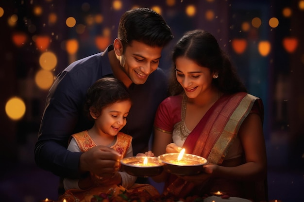 Indian family flaming diya and celebrating diwali festival