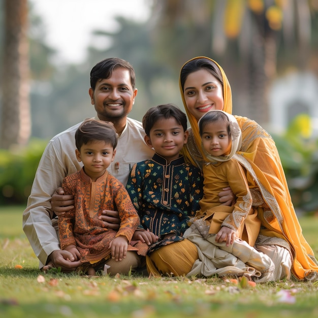 Photo indian family sitting on countryside