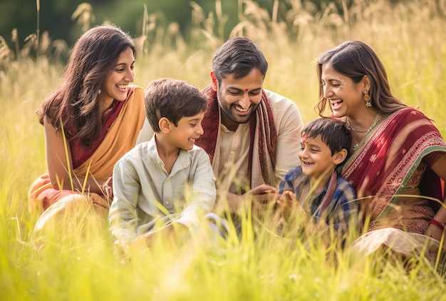 indian family smiling at each other on green field