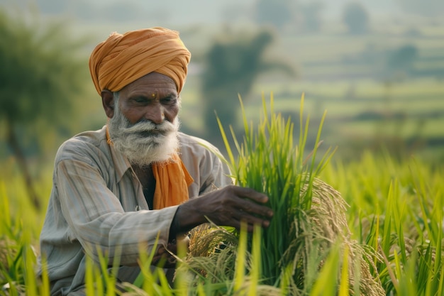 Indian Farmer Examining Rice Crop