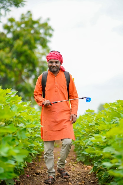 Indian farmer spraying pesticide at cotton field.