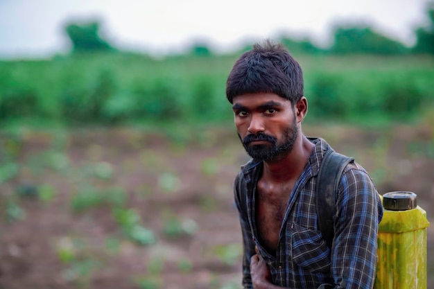 Indian farmer spraying pesticides in green banana agriculture field