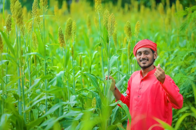 Indian farmer standing in a sorghum field