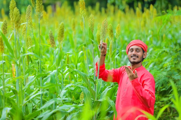 Indian farmer standing in a sorghum field