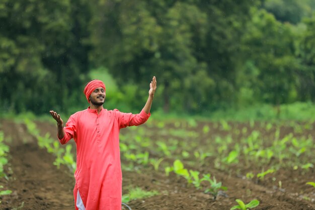 Indian farmer in a traditional costume on the banana field