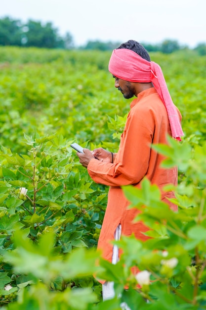 Indian farmer using smartphone at agriculture field