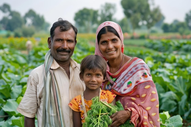 Indian farmer with family in farm field