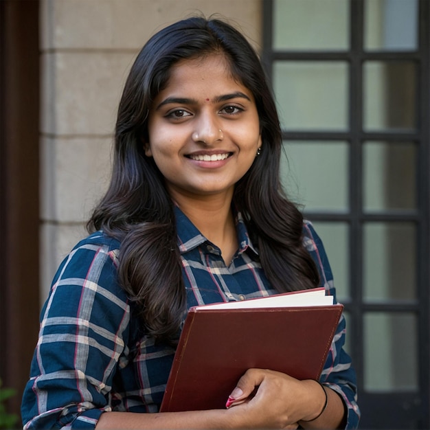 Photo indian female college student with book andbag