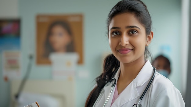 Photo indian female doctor in clinic healthcare professional medical environment stethoscope and chart