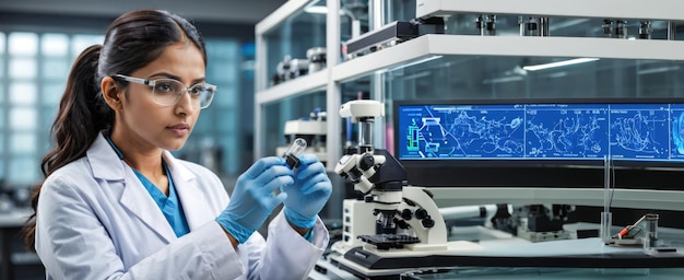 Indian female genetic engineer analyzing microscopic samples in a hightech medical laboratory