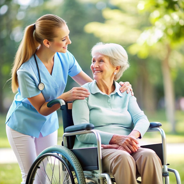 Indian female nurse and woman on a wheelchair