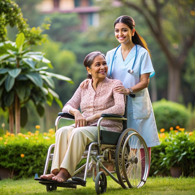 Indian female nurse and woman on a wheelchair