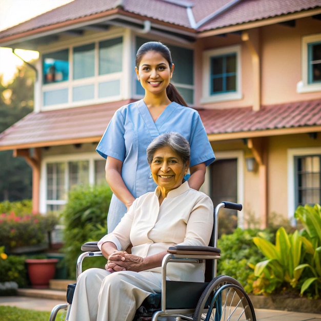 Indian female nurse and woman on a wheelchair