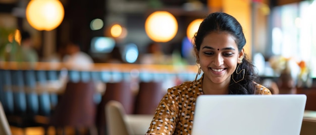 An Indian female programmer smiles during an online meeting at a cafe immersed in the glow of warm lighting