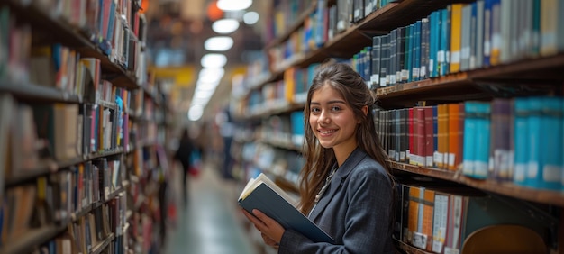 Photo indian female student in professional attire smiling with an open book in a vibrant library