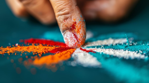 Indian festival of colors artisans crafting vibrant rangoli patterns closeups of intricate details