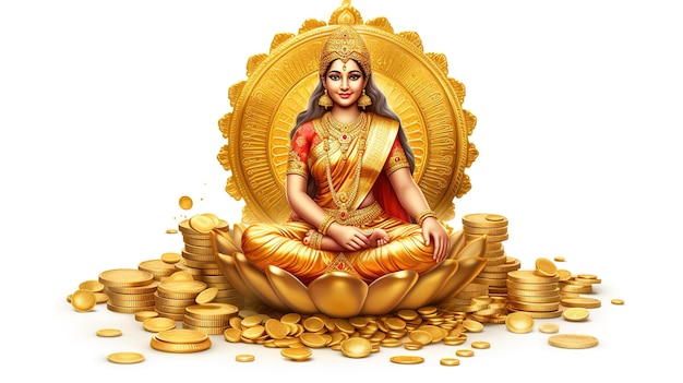 Indian festival Dhanteras and Diwali worship background with Goddess Lakshmi Laxmi golden coins stockillustration