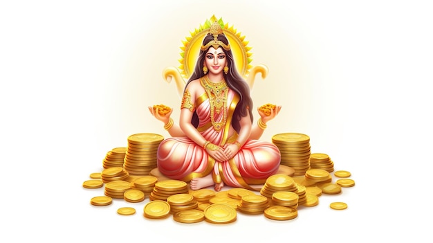 Indian festival Dhanteras and Diwali worship background with Goddess Lakshmi Laxmi golden coins stockillustration