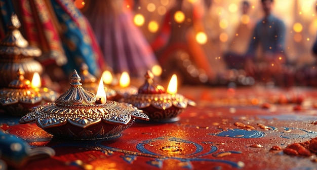 Photo indian festival diwali diwali oil lamps lit on colorful rangoli