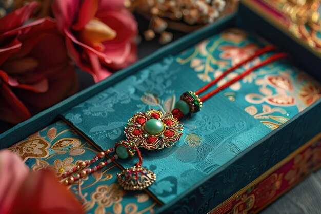 Photo indian festival raksha bandhan background with red and gold beads