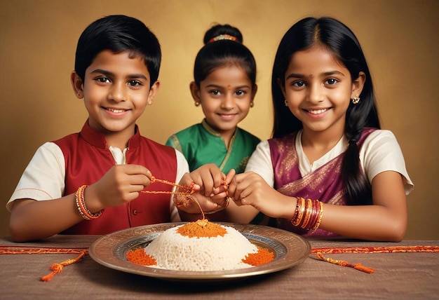 Indian festival raksha bandhan with wrist band rakhi rice grains and kumkum