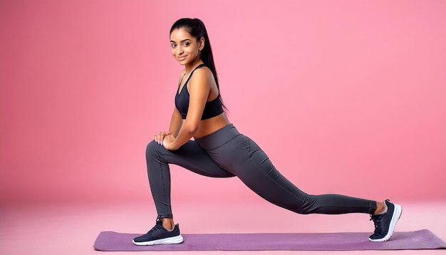 Indian Fitness Sporty Girl Warming Up for Workout on Pink Background