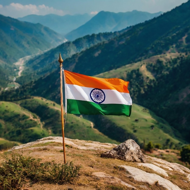 Photo indian flag on a background of mountain valley