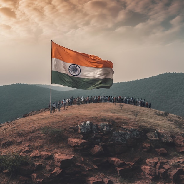 Indian flag waving on hill Generative ai