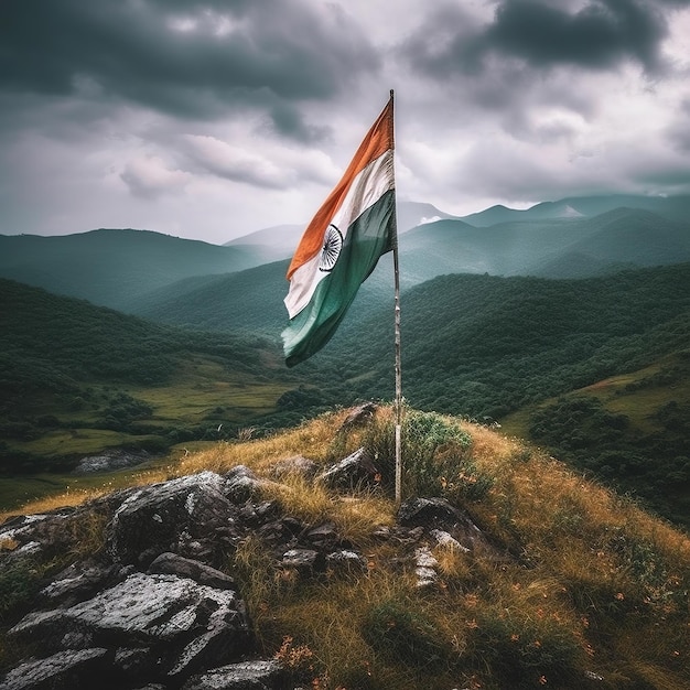 Indian flag waving on hill Generative ai