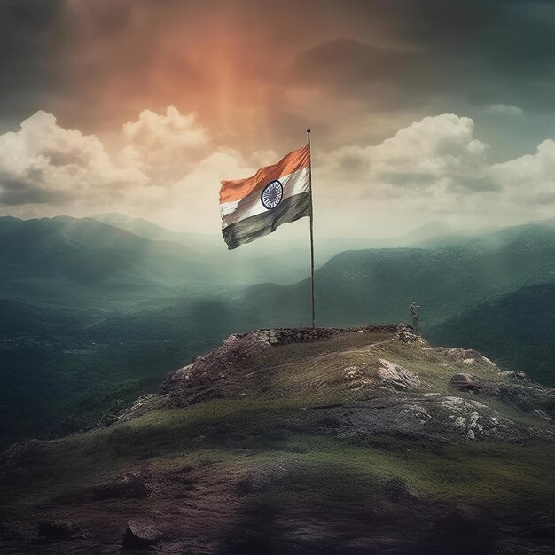 Indian flag waving on hill Generative ai