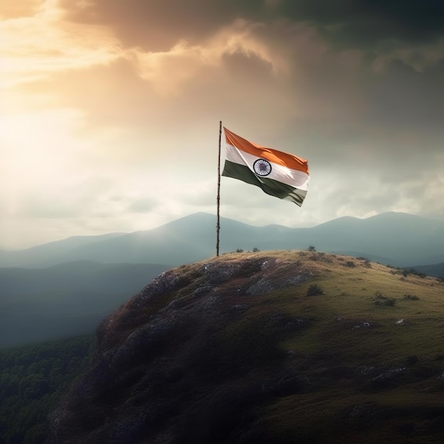 Indian flag waving on hill Generative ai