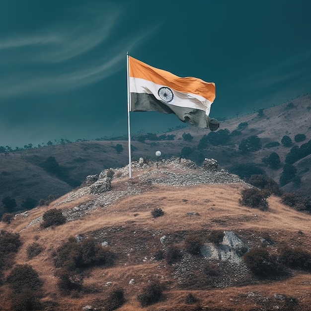 Indian flag waving on hill Generative ai