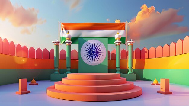 Photo indian flag waving over a podium in a courtyard with colorful walls in a 3d illustration at sunset