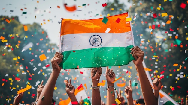 Photo indian flag waving with confetti