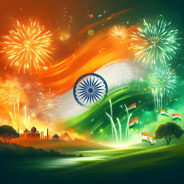 Indian Flag with Fireworks Celebrate Independence Day