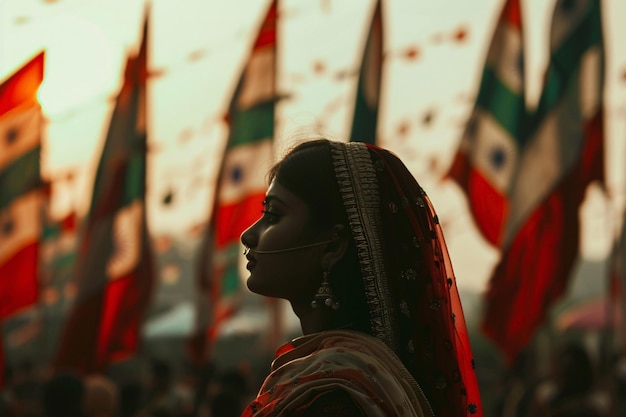 Photo indian flags wave in the background as young woman in traditional clothing poses at sunset