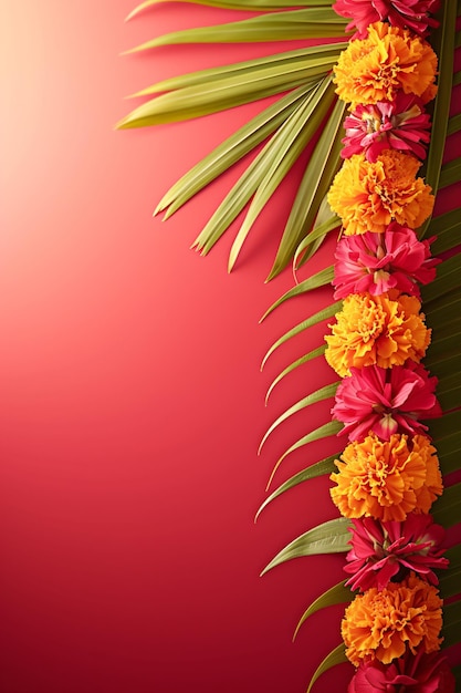 Indian floral garland toran made of marigold flowers and mango leaves Diwali festival Pongal