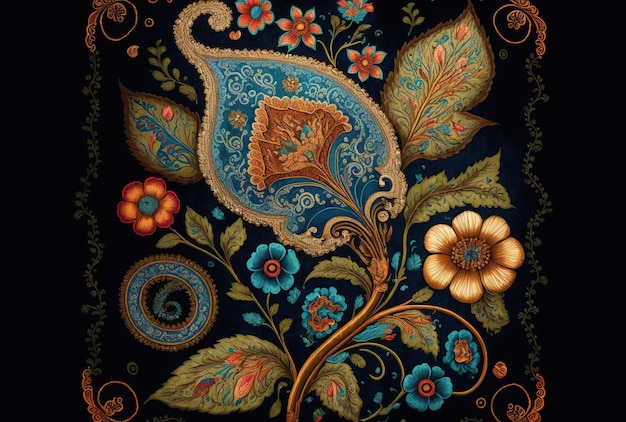 Indian flower painting on a background of blue paisley design