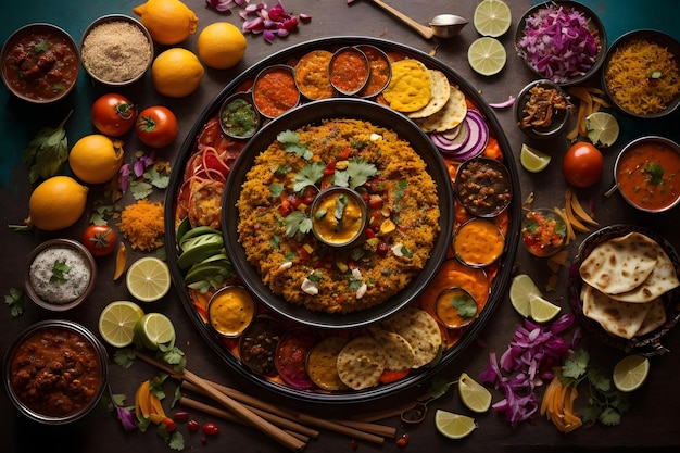 Indian food top view circular food frame photography