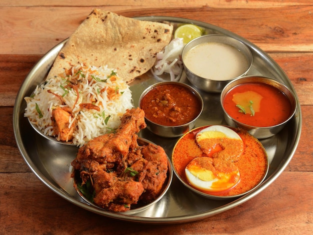 Indian Gavkari Chicken Thali food platter consists variety of veggiesChicken meat lentilsrice sweet dish snacks etc selective focus