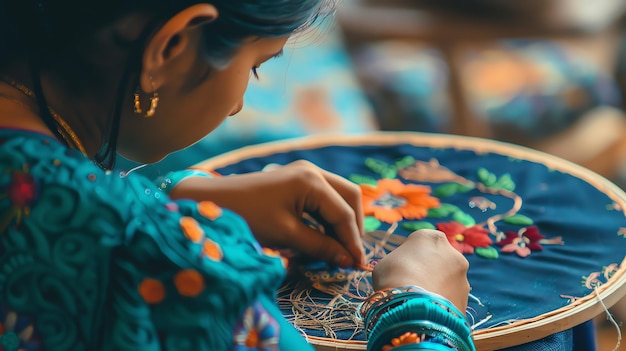 indian girl doing hand embroidery in an embroidery workshop indian background concept