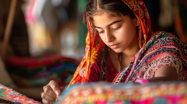 indian girl doing hand embroidery in an embroidery workshop indian background concept