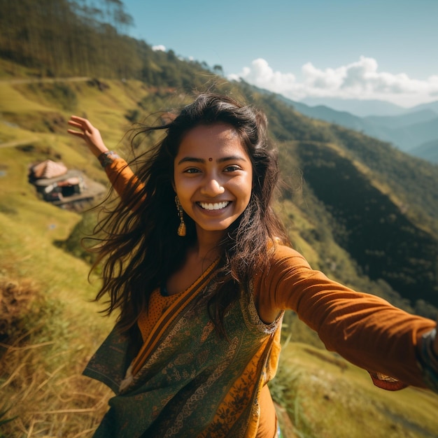 an indian girl enjoying rock mountains hill